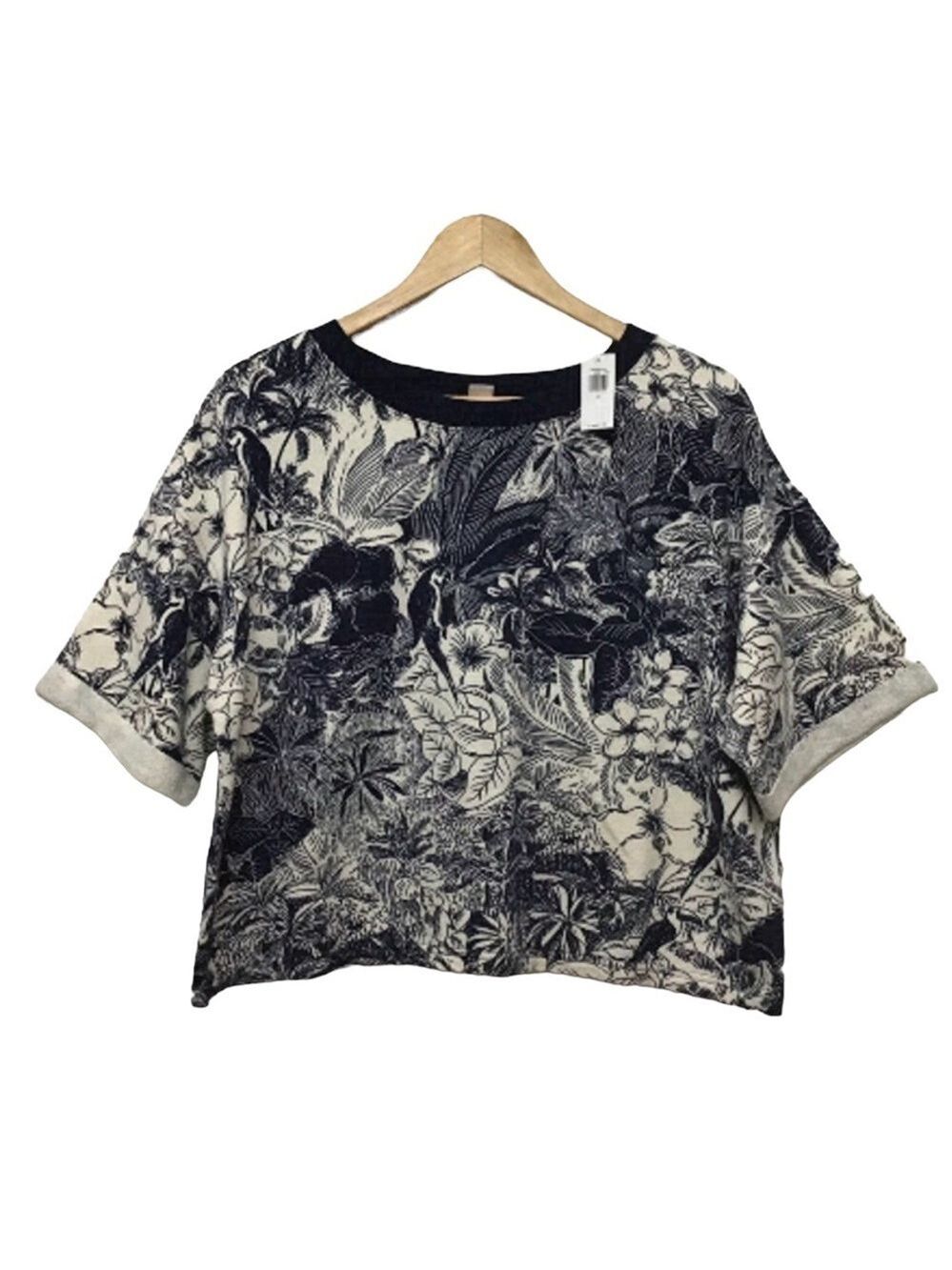 2/40$ BOXY Old Navy crop sweater top oversiz ecru blue floral short sleeve Mediu